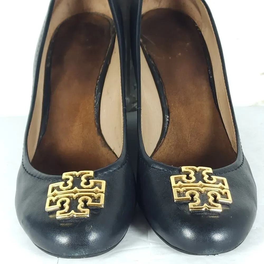 Tory Burch Women’s Melinda US 8M Black Leather Logo Slip On Wedge Pumps Shoes